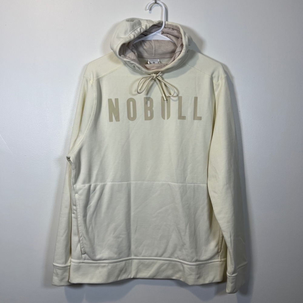 NOBULL Mens Pullover Logo Hoodie Sweatshirt Cream Athleisure Size L